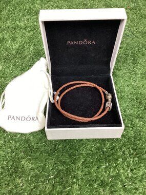 Pandora Leather Braided Double Wrap Brown Bracelet Heart Charm Filled W/ Romance